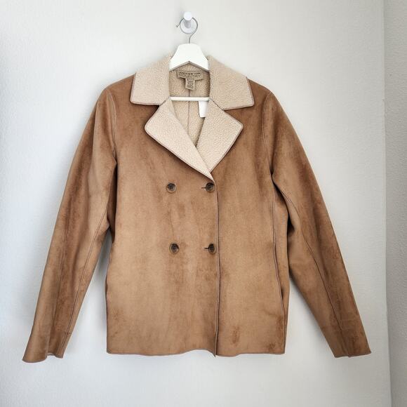 Vintage Jones New York Tan Faux Suede Fur Double Breasted Jacket L - Picture 8 of 8